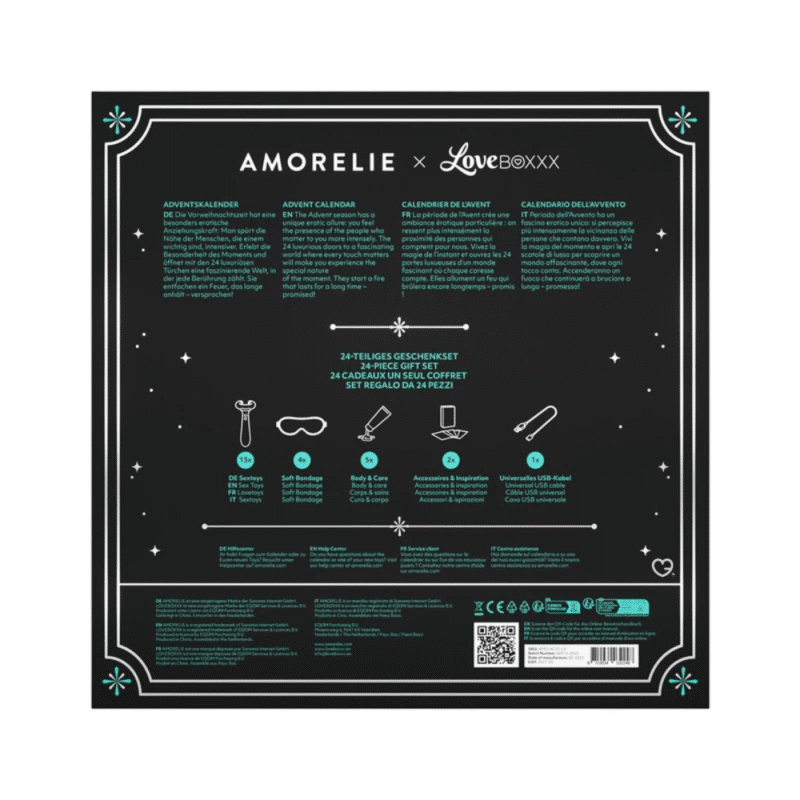 Amorelie Luxury Adventskalender 2025 mit 24 edlen Samtbeuteln voller Sextoys, Wellness- und Soft-BDSM-Highlights.