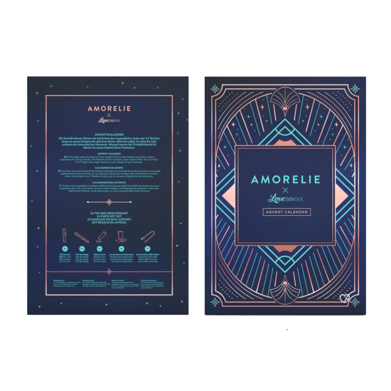 Amorelie Original Adventskalender 2025 in edler Box mit 24 erotischen Toys, Pflege- und Spielideen für Paare.