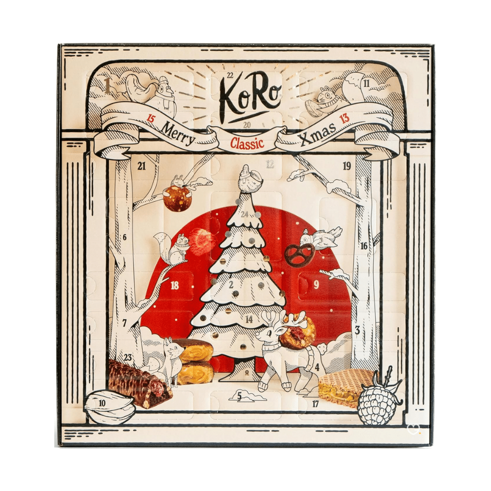KoRo Adventskalender 2025 mit 24 veganen Bio-Snacks in edler Geschenkbox für gesundheitsbewusste Genießer:innen.