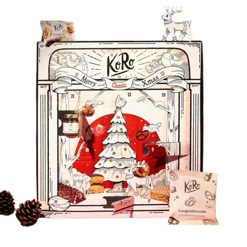 KoRo Adventskalender 2025 mit 24 veganen Bio-Snacks in edler Geschenkbox für gesundheitsbewusste Genießer:innen.