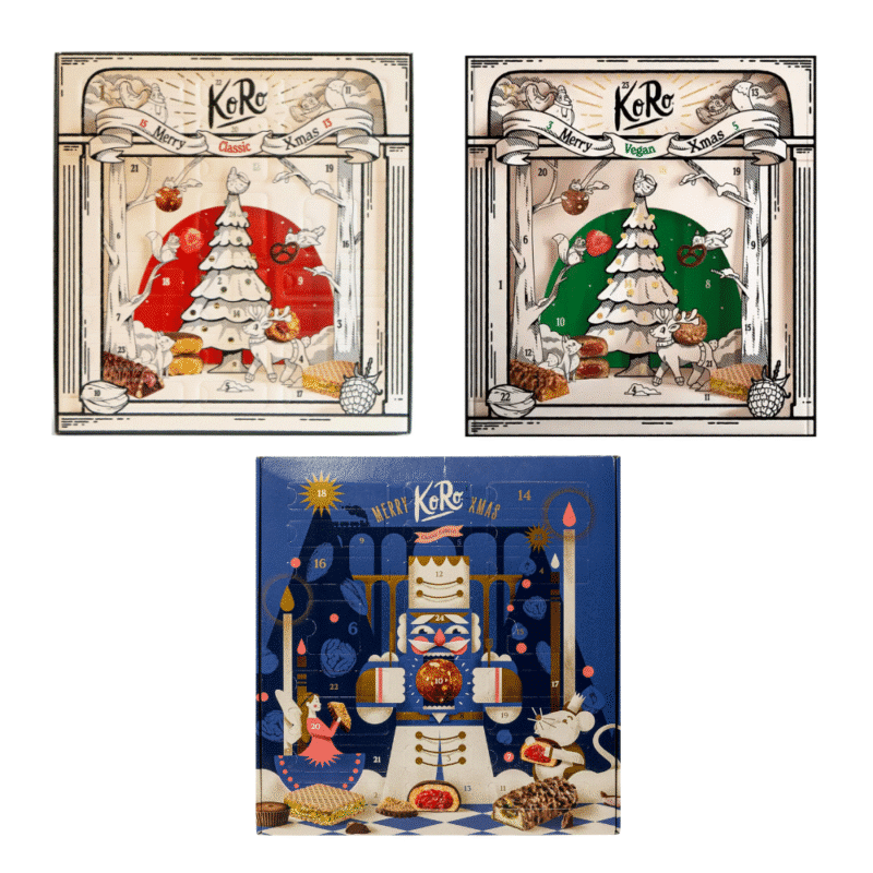 KoRo Adventskalender 2025 mit 24 veganen Bio-Snacks in edler Geschenkbox für gesundheitsbewusste Genießer:innen.