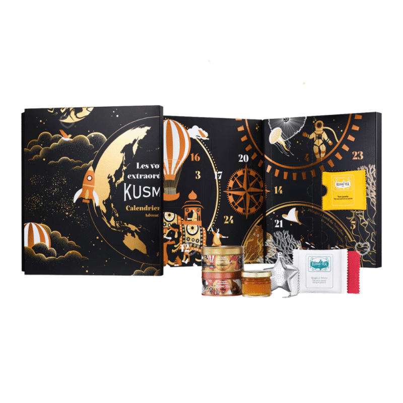 Kusmi Tea Adventskalender 2025 Lifestyle beinhaltet Schwarztee, Grüntee, und andere Tee-Sorten und Goodies