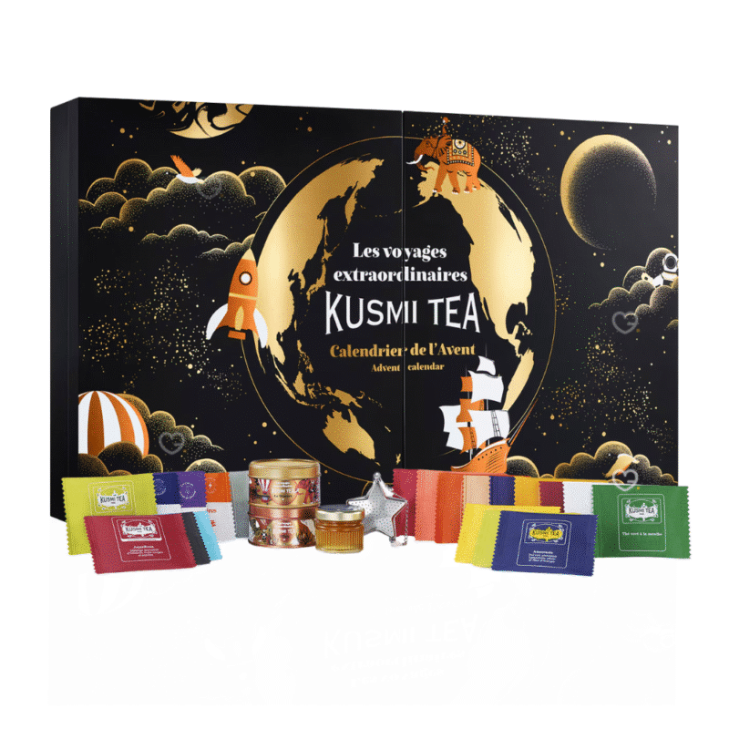 Kusmi Tea Adventskalender 2025 Lifestyle beinhaltet Schwarztee, Grüntee, und andere Tee-Sorten und Goodies