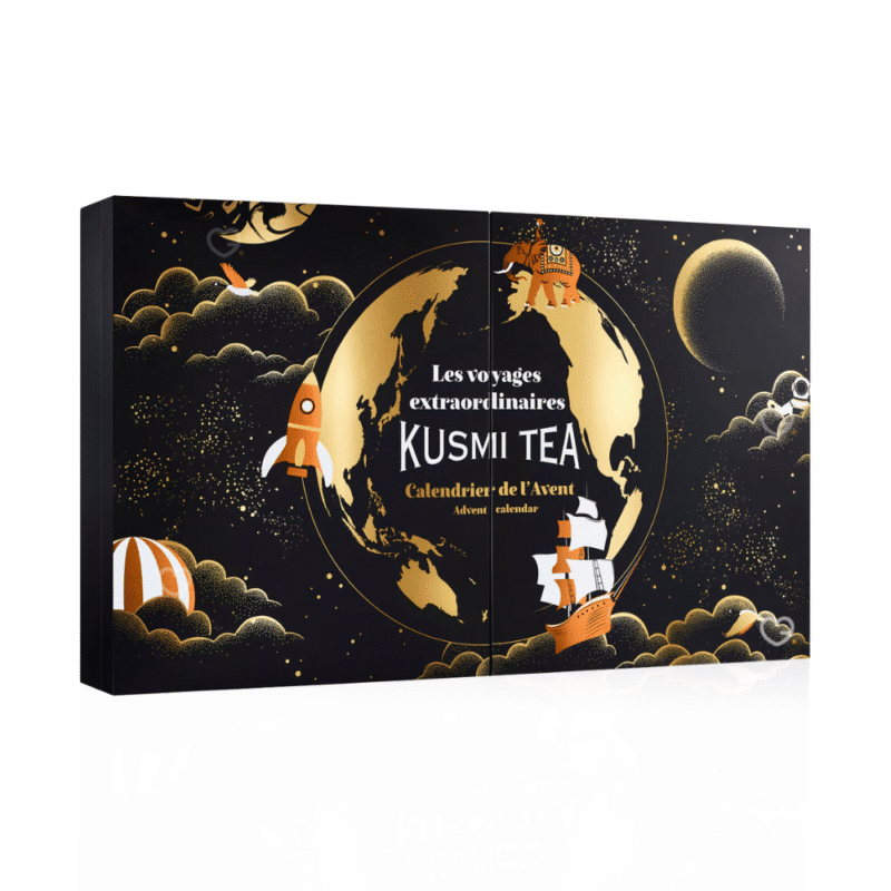 Kusmi Tea Adventskalender 2025 Lifestyle beinhaltet Schwarztee, Grüntee, und andere Tee-Sorten und Goodies