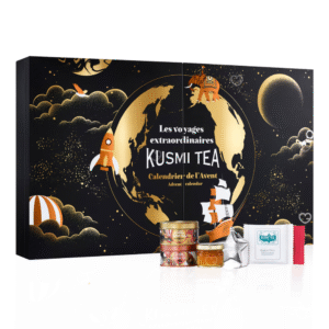 Kusmi Tea Adventskalender 2025 Lifestyle beinhaltet Schwarztee, Grüntee, und andere Tee-Sorten und Goodies