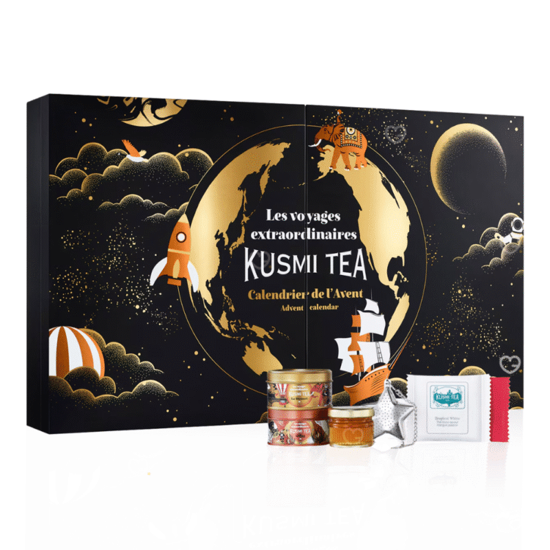 Kusmi Tea Adventskalender 2025 Lifestyle beinhaltet Schwarztee, Grüntee, und andere Tee-Sorten und Goodies