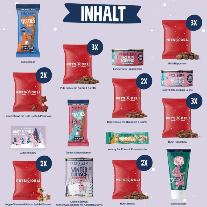 Pets Deli Adventskalender 2025 Lifestyle mit Hudnefutter und Snacks für 24 Tage fur hunde