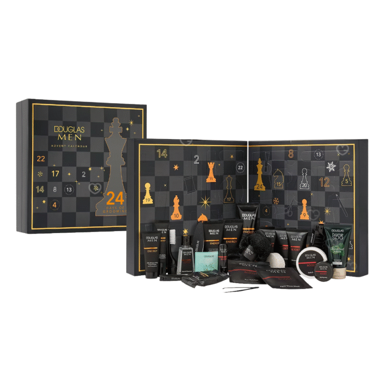 Douglas Manner Adventskalender 2025 mit 24 Pflegeprodukten für Gesicht, Körper, Haar und Bart in eleganter Box für Männer.