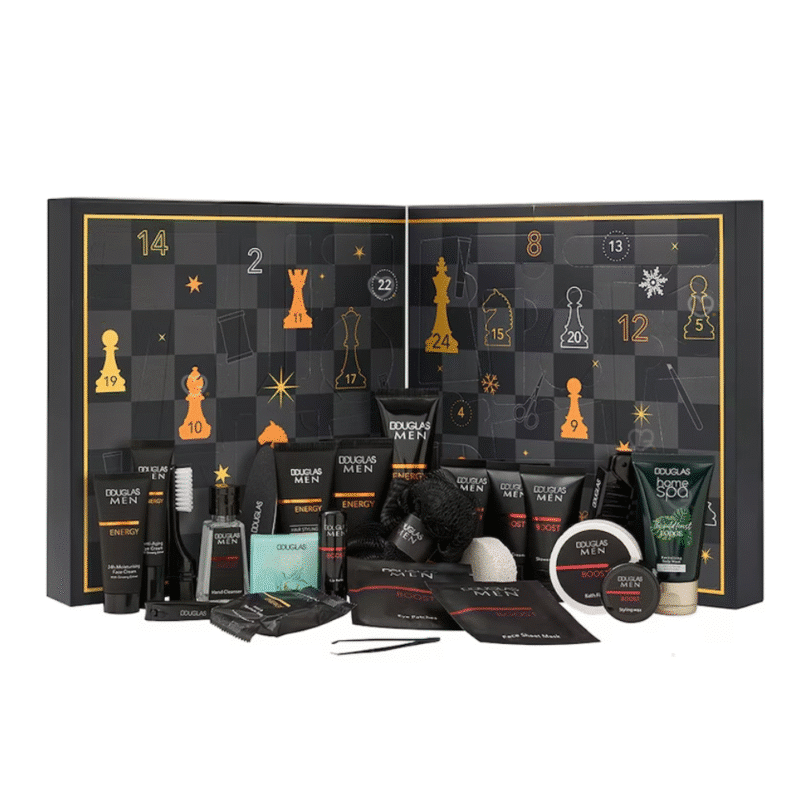 Douglas Manner Adventskalender 2025 mit 24 Pflegeprodukten für Gesicht, Körper, Haar und Bart in eleganter Box für Männer.