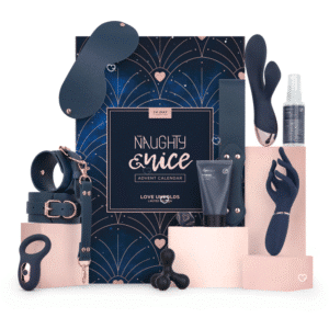 Naughty and Nice Adventskalender 2025 Sexual mit sexspielzeug so wie eine kleine Peitsche, Vibratoren und Augenklappe