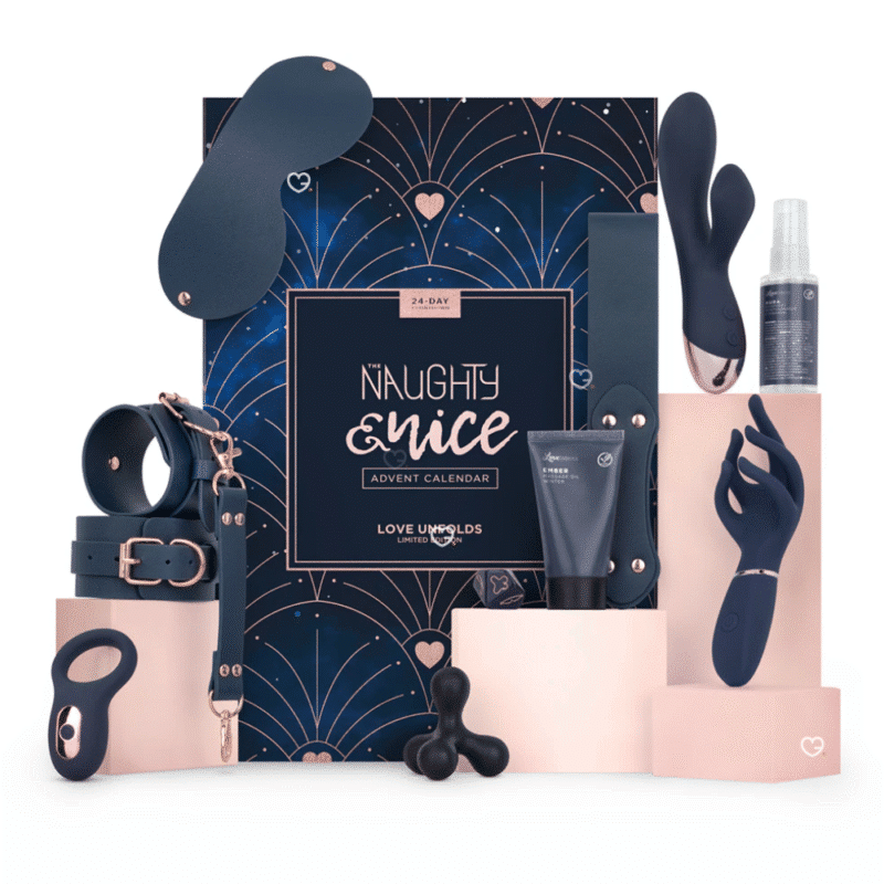 Naughty and Nice Adventskalender 2025 Sexual mit sexspielzeug so wie eine kleine Peitsche, Vibratoren und Augenklappe