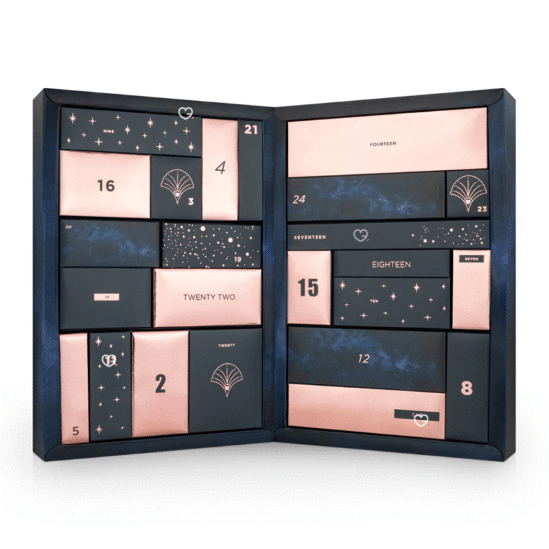 Naughty and Nice Adventskalender 2025 Sexual mit sexspielzeug so wie eine kleine Peitsche, Vibratoren und Augenklappe