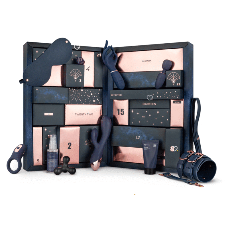 Naughty and Nice Adventskalender 2025 Sexual mit sexspielzeug so wie eine kleine Peitsche, Vibratoren und Augenklappe