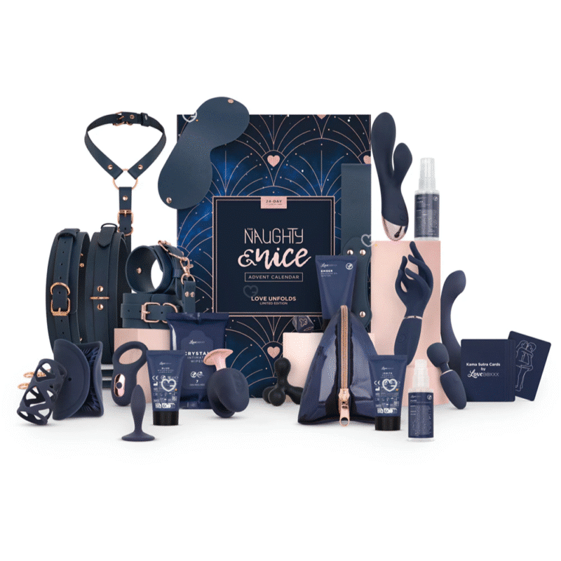 Naughty and Nice Adventskalender 2025 Sexual mit sexspielzeug so wie eine kleine Peitsche, Vibratoren und Augenklappe