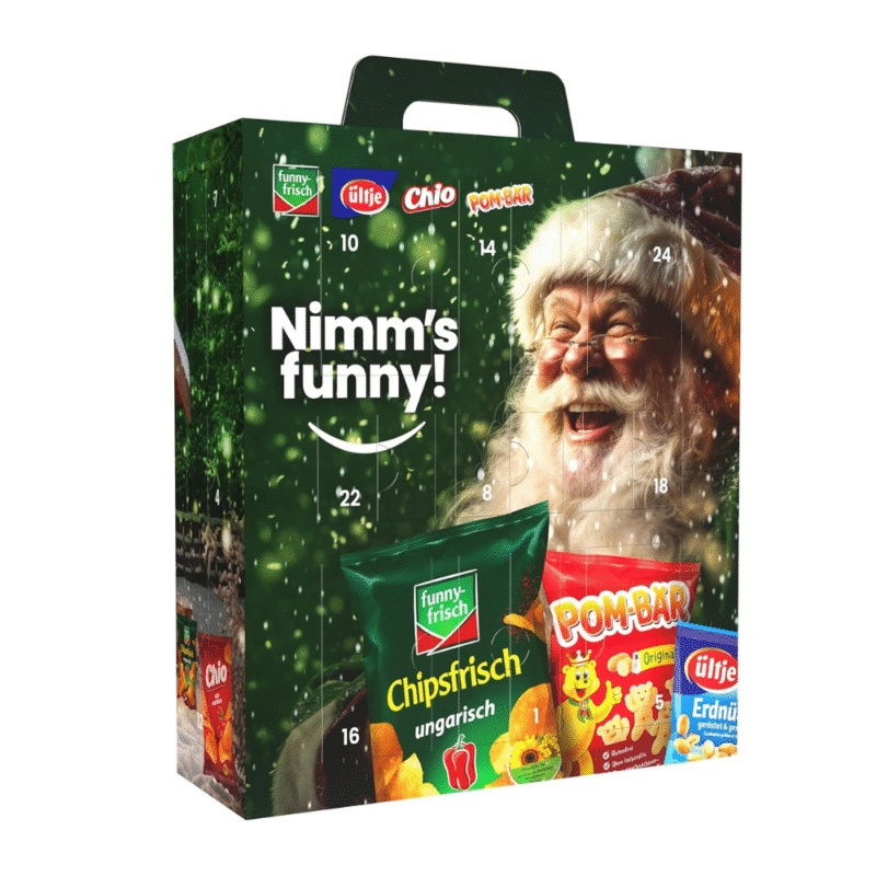 Funny Frisch Adventskalender 2025 Foodie mit Chips, Nüssen, Popcorn und anderen Snacks für jeden Tag.