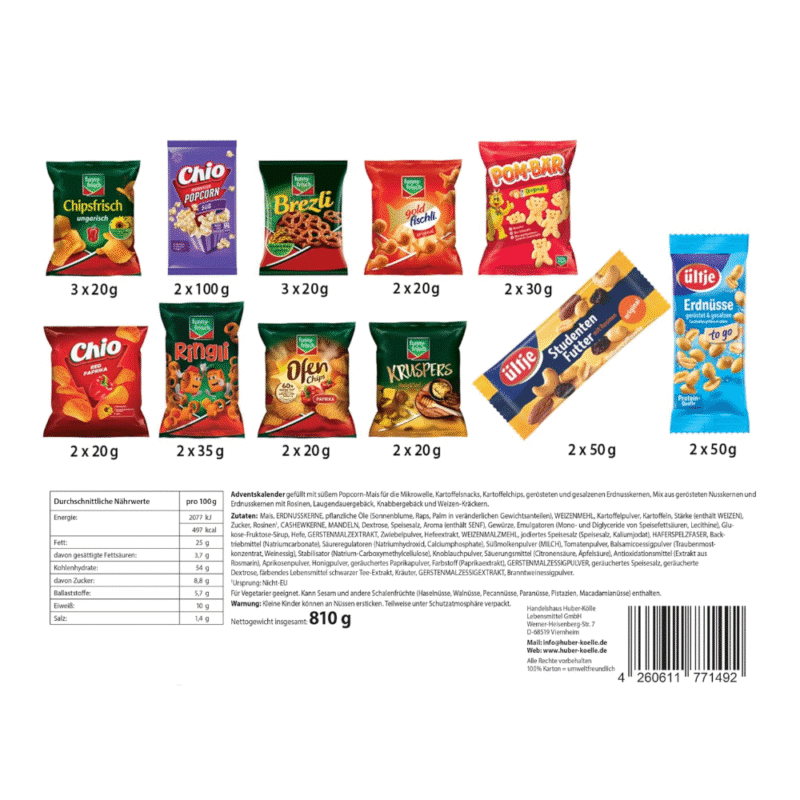 Funny Frisch Adventskalender 2025 Foodie mit Chips, Nüssen, Popcorn und anderen Snacks für jeden Tag.