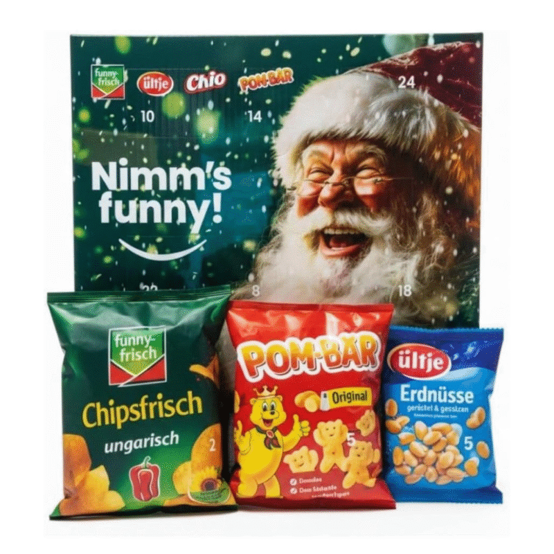 Funny Frisch Adventskalender 2025 Foodie mit Chips, Nüssen, Popcorn und anderen Snacks für jeden Tag.