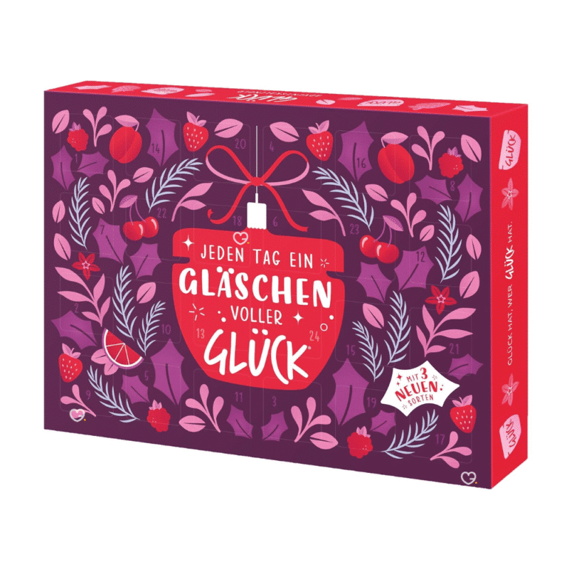 glück Marmeladen adventskalender 2025 foodie mit Johannisbeere, Himbeere, Orange und anderen köstlichen Marmeladen
