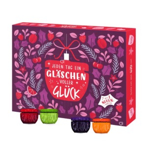 glück Marmeladen adventskalender 2025 foodie mit Johannisbeere, Himbeere, Orange und anderen köstlichen Marmeladen