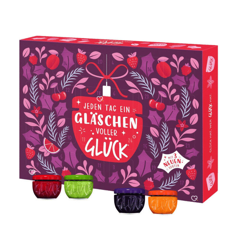 glück Marmeladen adventskalender 2025 foodie mit Johannisbeere, Himbeere, Orange und anderen köstlichen Marmeladen