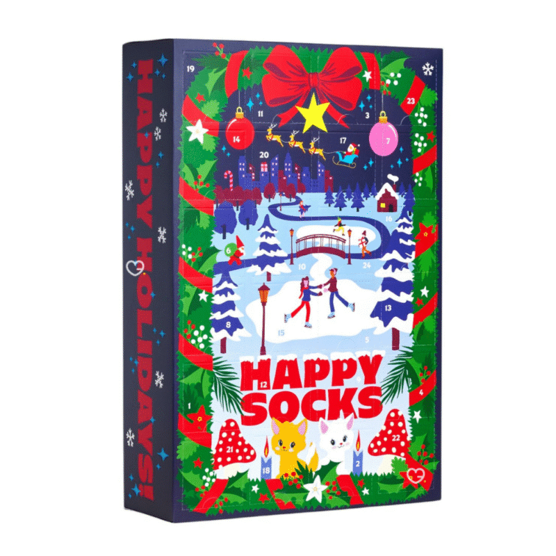 Happy Socks Adventskalender 2025 für Männer mit 24 bunten Baumwollsocken, elastisch, mit verstärkter Ferse und Bündchen.