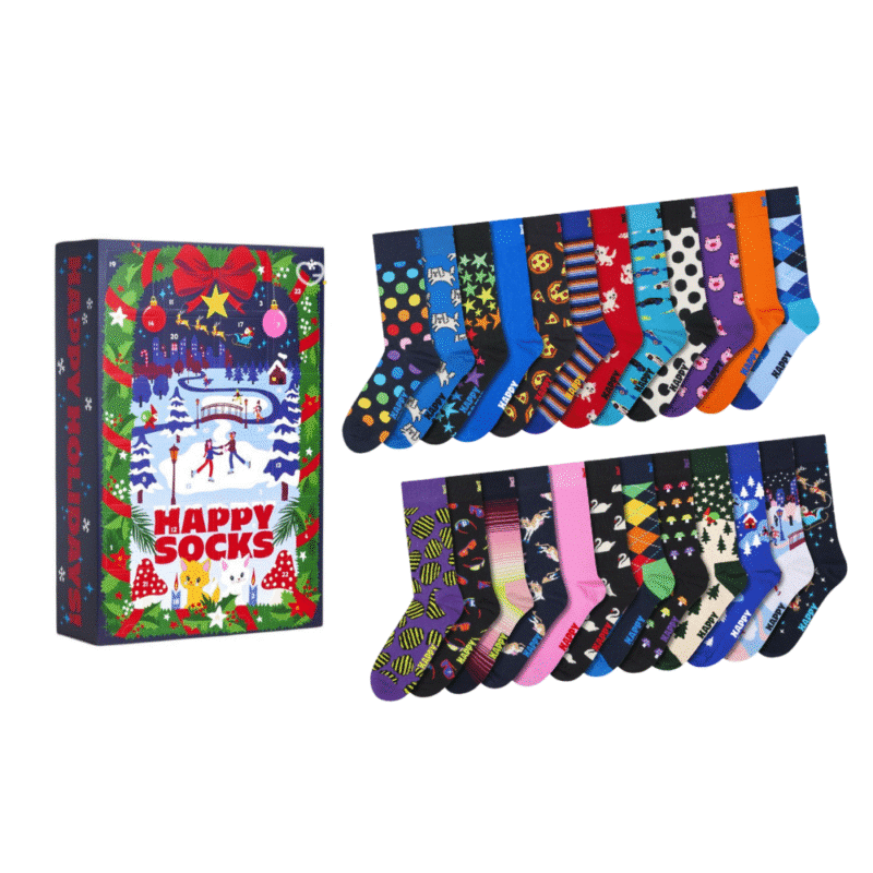 Happy Socks Adventskalender 2025 für Männer mit 24 bunten Baumwollsocken, elastisch, mit verstärkter Ferse und Bündchen.
