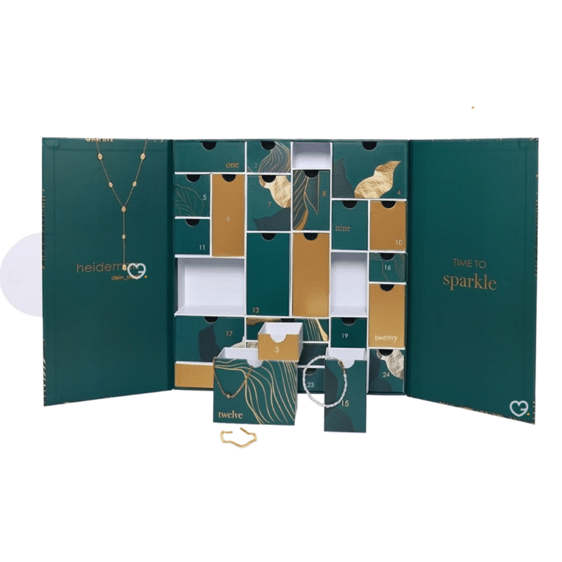 Heideman Adventskalender 2025 mit 25 Schmuckstücken aus Edelstahl in Gold, Silber, Roségold und Bicolor für stilbewusste Frauen.