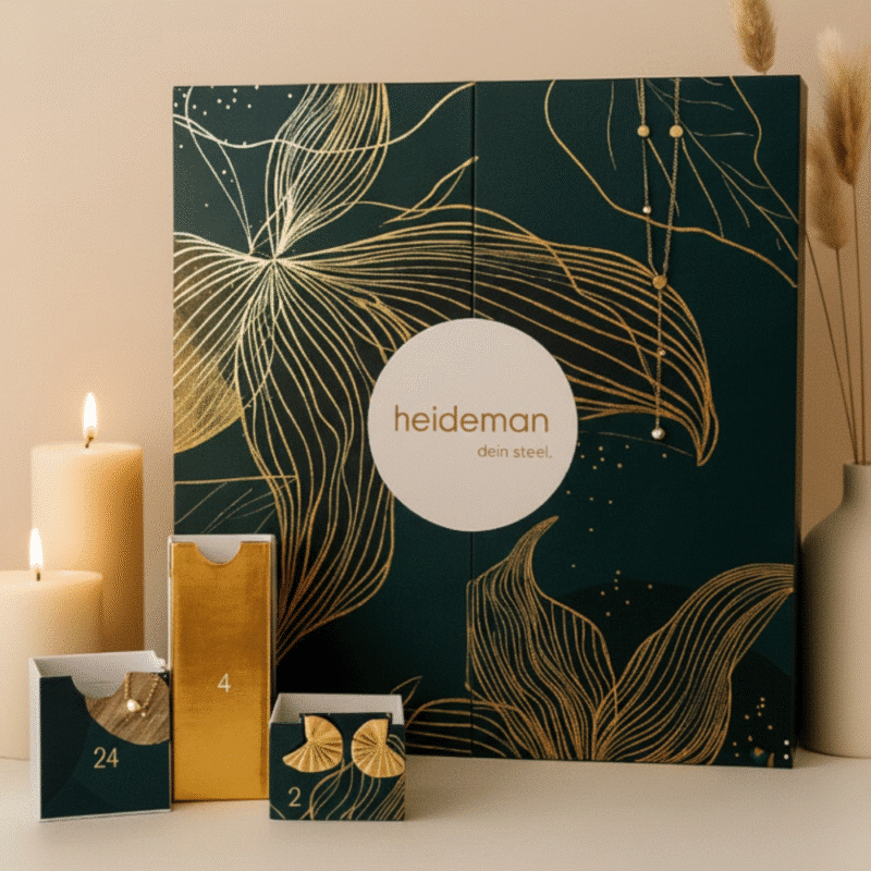 Heideman Adventskalender 2025 mit 25 Schmuckstücken aus Edelstahl in Gold, Silber, Roségold und Bicolor für stilbewusste Frauen.