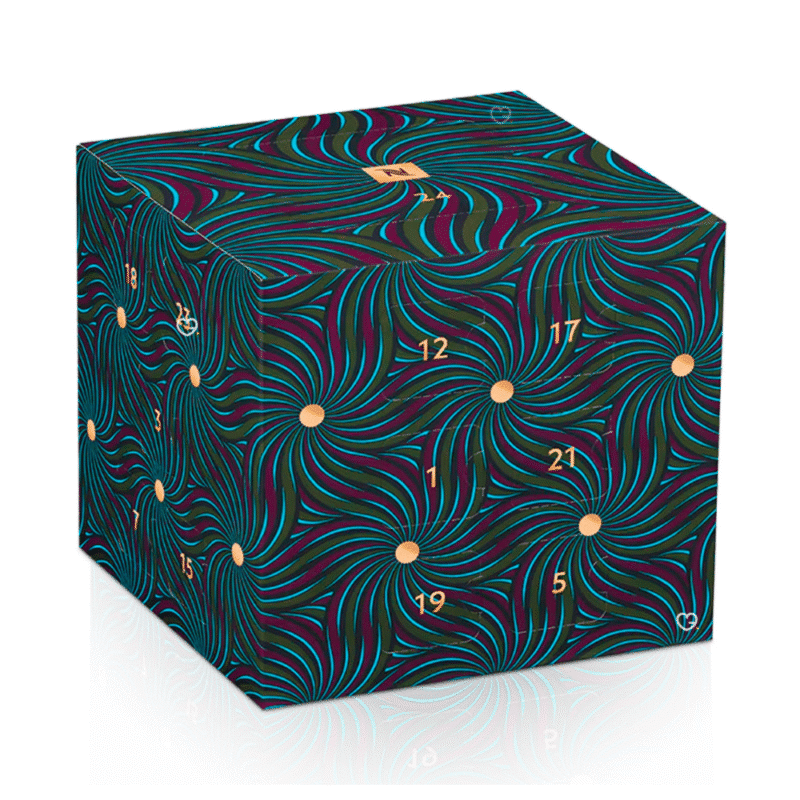 Nespresso Original Adventskalender 2025 mit 24 Kaffeekapseln und Porzellantasse in eleganter, festlicher Geschenkbox.