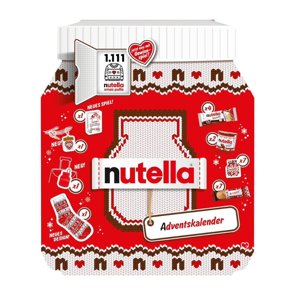 nutella adventskalender 2025 foodie beinhaltet köstliche Nutella Produkte sowie Accessoires von der Nutella Marke so wie Socken oder Schlüsselanhänger