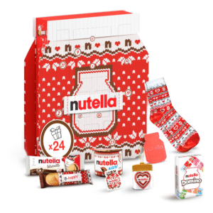 nutella adventskalender 2025 foodie beinhaltet köstliche Nutella Produkte sowie Accessoires von der Nutella Marke so wie Socken oder Schlüsselanhänger