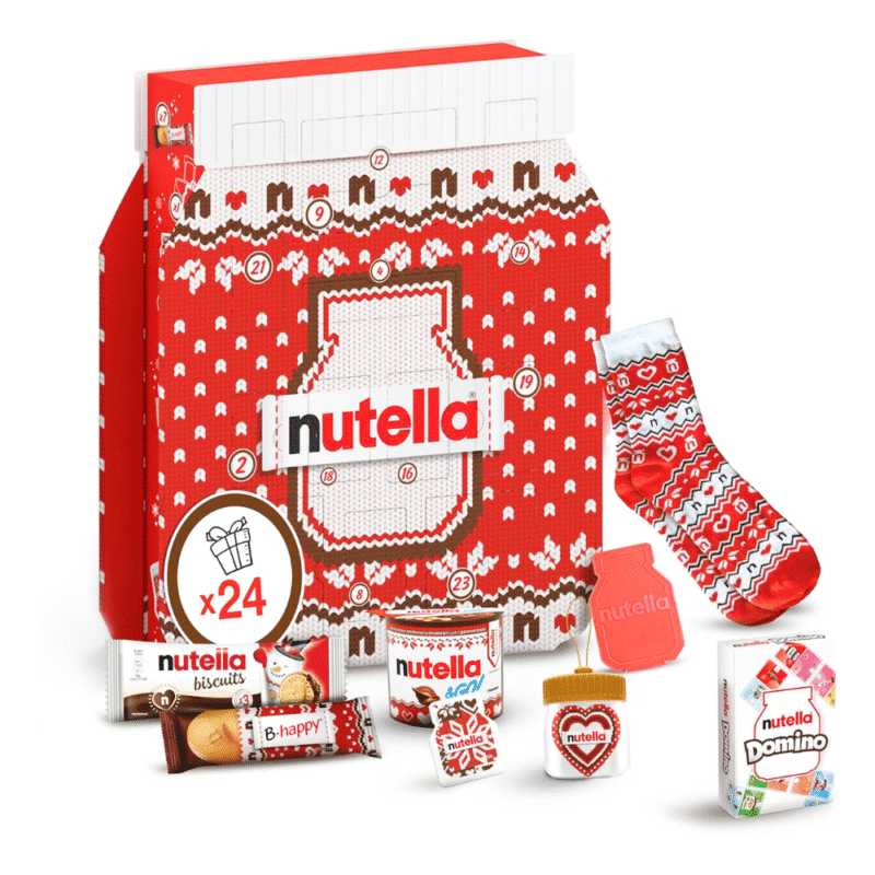 nutella adventskalender 2025 foodie beinhaltet köstliche Nutella Produkte sowie Accessoires von der Nutella Marke so wie Socken oder Schlüsselanhänger