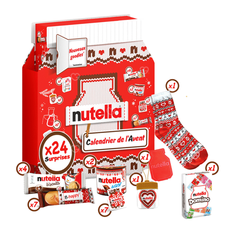 nutella adventskalender 2025 foodie beinhaltet köstliche Nutella Produkte sowie Accessoires von der Nutella Marke so wie Socken oder Schlüsselanhänger