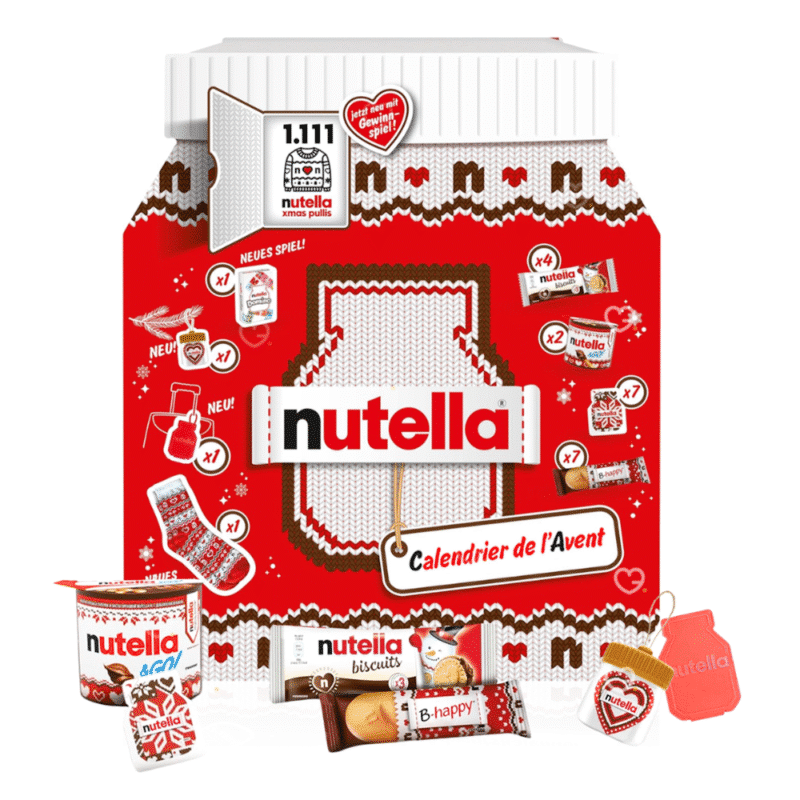 nutella adventskalender 2025 foodie beinhaltet köstliche Nutella Produkte sowie Accessoires von der Nutella Marke so wie Socken oder Schlüsselanhänger