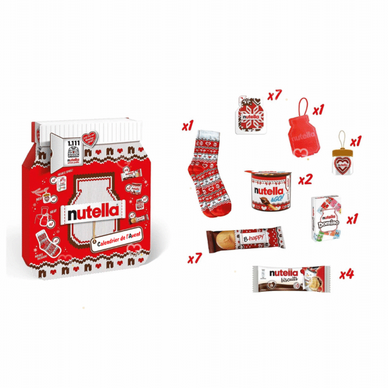 nutella adventskalender 2025 foodie beinhaltet köstliche Nutella Produkte sowie Accessoires von der Nutella Marke so wie Socken oder Schlüsselanhänger