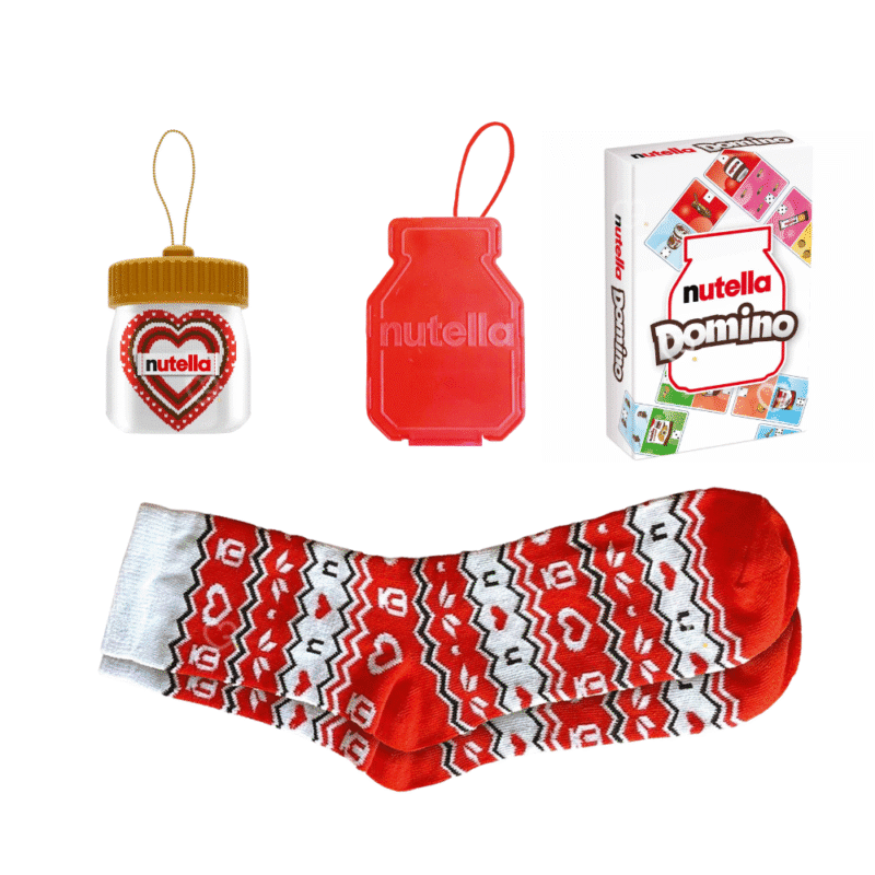 nutella adventskalender 2025 foodie beinhaltet köstliche Nutella Produkte sowie Accessoires von der Nutella Marke so wie Socken oder Schlüsselanhänger