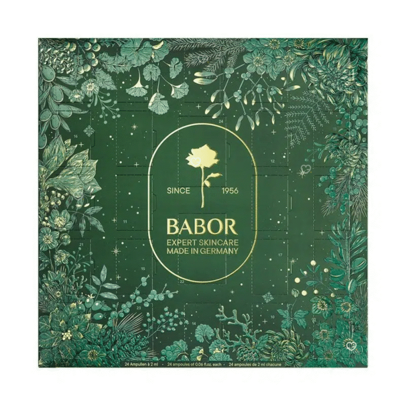 Babor Adventskalender 2025 mit 24 luxuriösen Ampullen für Feuchtigkeit, Regeneration, Glow und Lifting in festlicher Box.