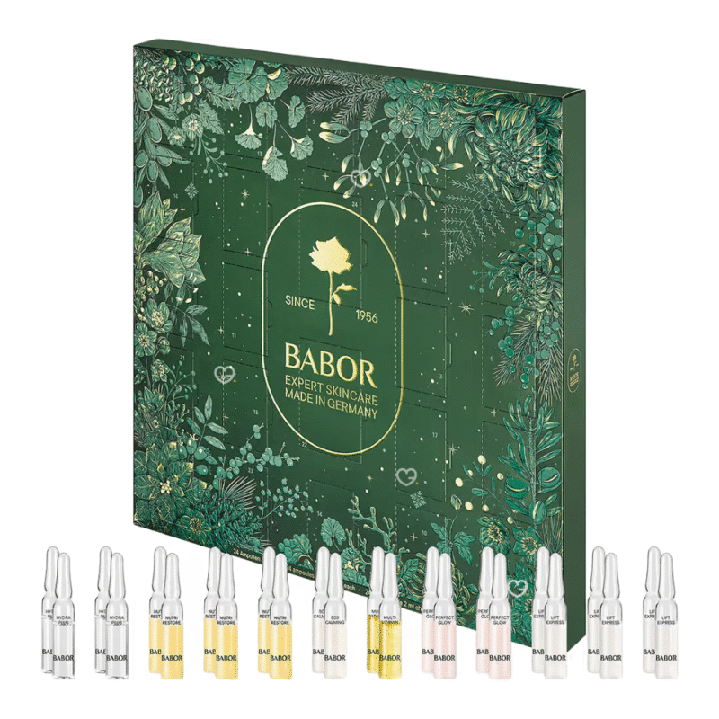 Babor Adventskalender 2025 mit 24 luxuriösen Ampullen für Feuchtigkeit, Regeneration, Glow und Lifting in festlicher Box.