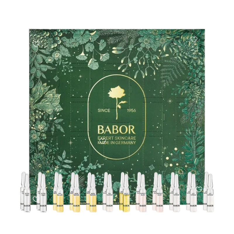 Babor Adventskalender 2025 mit 24 luxuriösen Ampullen für Feuchtigkeit, Regeneration, Glow und Lifting in festlicher Box.