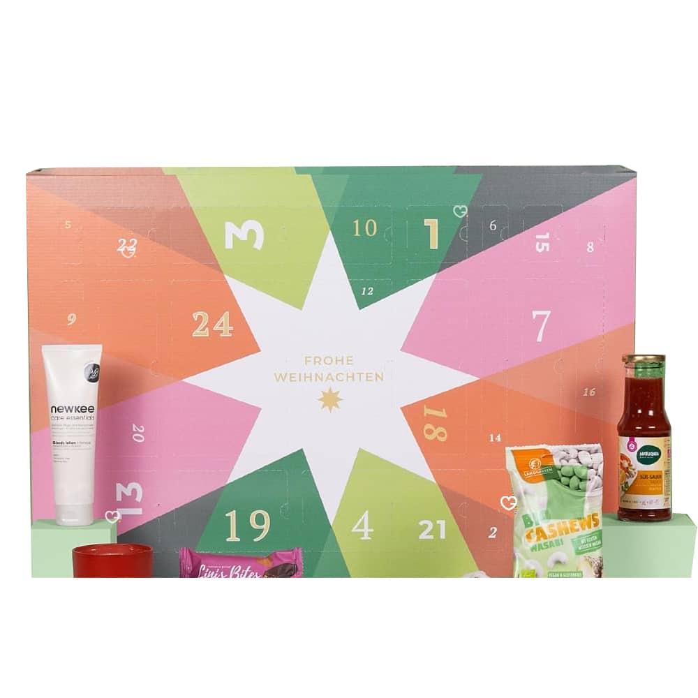 Vegan Box Adventskalender 2024 Lifestyle mit 24 veganen Lebensmitteln und Beauty Produkten für Sie und Ihn