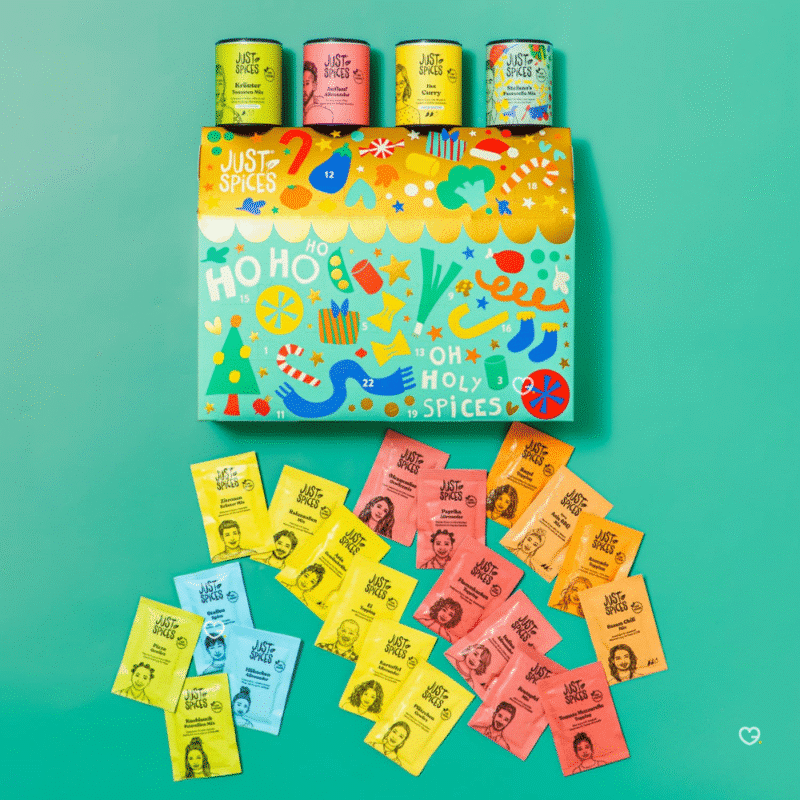 Just spices adventskalender 2025 foodie beinhaltet Gewürzmischungen für Gemüse, Fleisch, Eier, und für Desserts