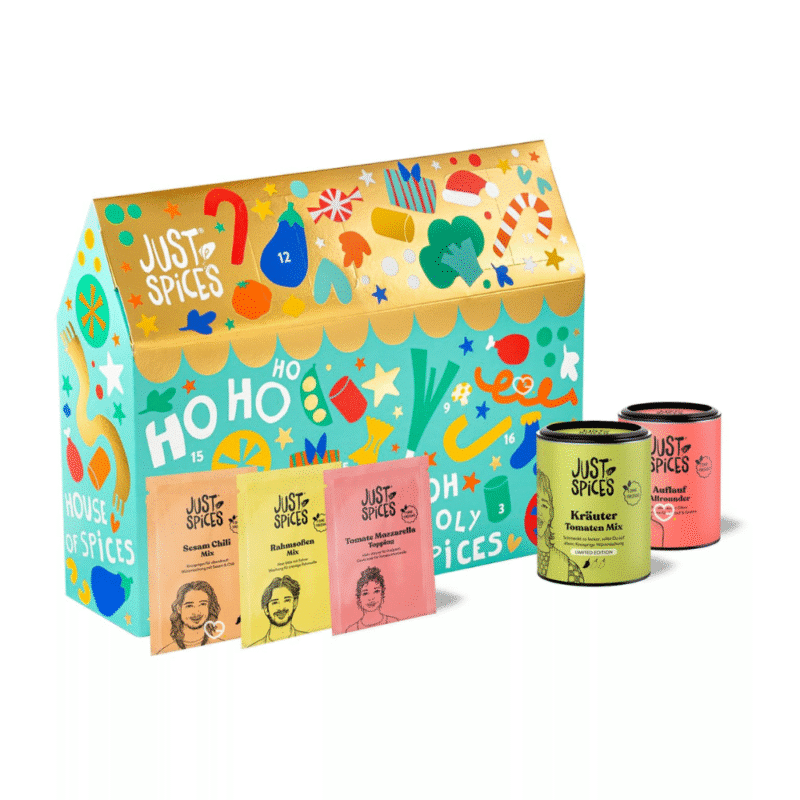 Just spices adventskalender 2025 foodie beinhaltet Gewürzmischungen für Gemüse, Fleisch, Eier, und für Desserts