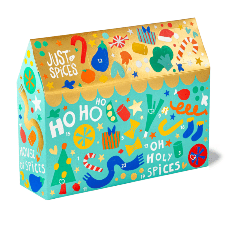 Just spices adventskalender 2025 foodie beinhaltet Gewürzmischungen für Gemüse, Fleisch, Eier, und für Desserts
