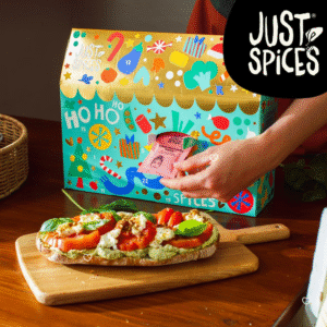 Just spices adventskalender 2025 foodie beinhaltet Gewürzmischungen für Gemüse, Fleisch, Eier, und für Desserts