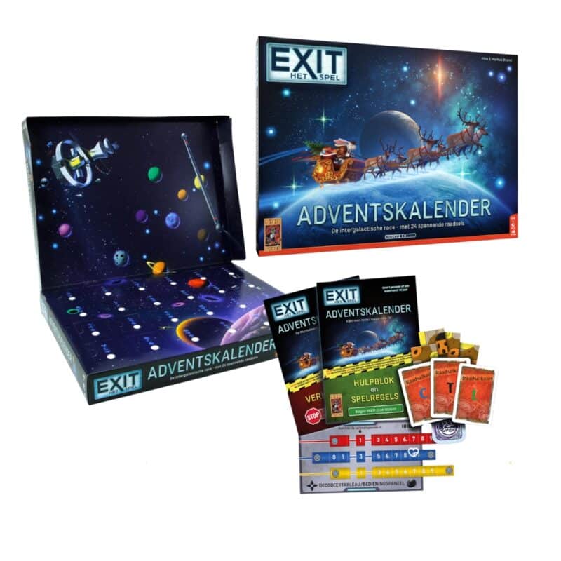 Exit Adventskalender Gesamtinhalt: Box, Spielplan, Blöcke, Rätsel-Karten und Decodierstreifen
