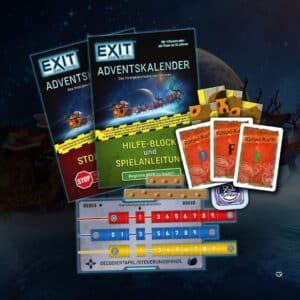 Material des Exit Adventskalender: Hilfe-Block, Decodiertafel mit 3 Decodierstreifen und Rätsel-Karten