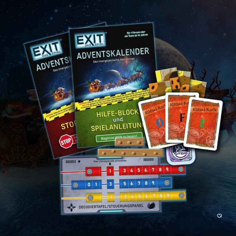 Material des Exit Adventskalender: Hilfe-Block, Decodiertafel mit 3 Decodierstreifen und Rätsel-Karten