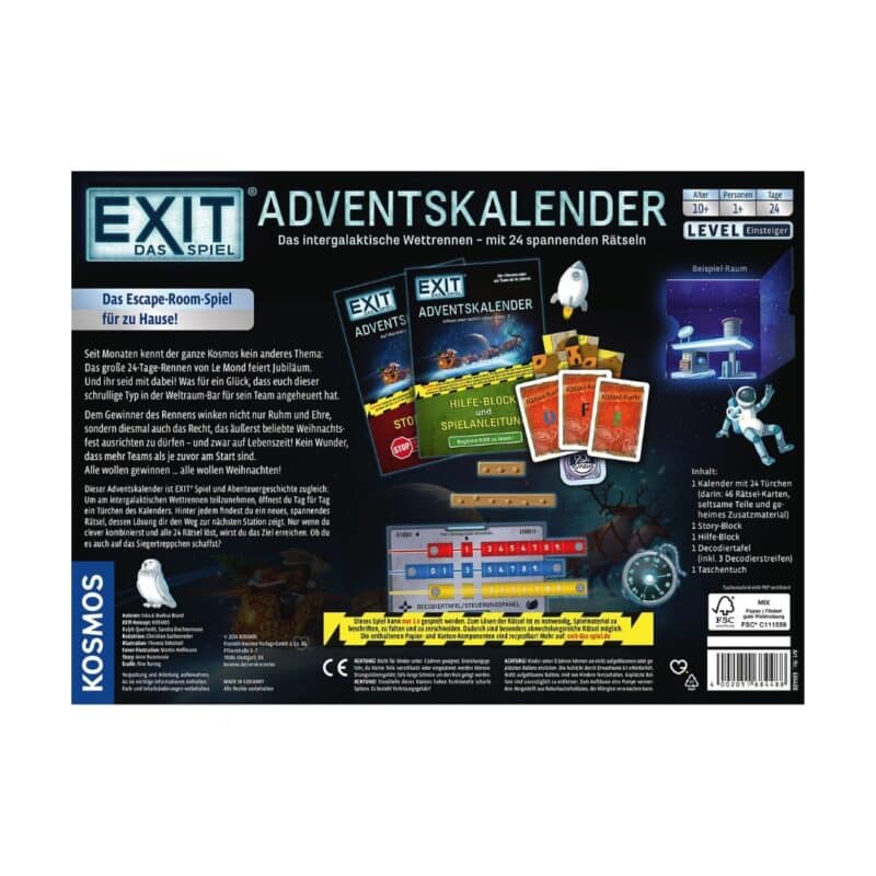 Rückseite der Box des Exit Adventskalender mit Inhaltsangabe und Spielinfos