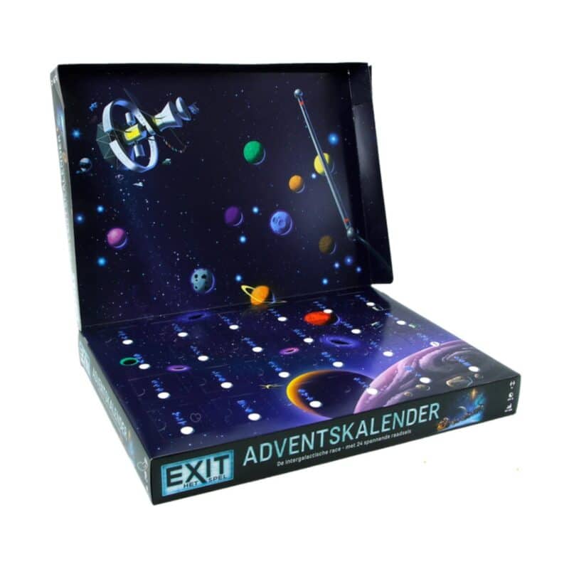 Geöffnete Box des Exit Adventskalender mit aufgeklapptem Weltraum-Spielplan