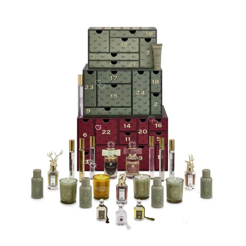 Penhaligon's Adventskalender 2026, offene Schubladen mit Produkten, weißer Hintergrund
